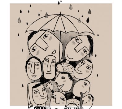 Piirroskuva, jossa on monta ihmistä saman sateenvarjon alla.