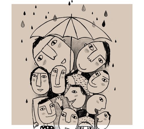 Piirroskuva, jossa on monta ihmistä saman sateenvarjon alla.